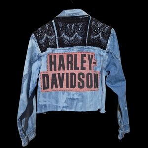 Upcycled Harley Davidson Denim Jacket with Black Lace Detail
